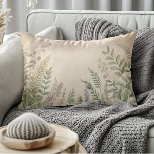 Botanical Lumbar Pillow Cover with Insert | Watercolor Ferns and Lavender 20x14 Pillow | Nature Inspired Decorative Accent Pillow, beige pillows, beige lumbar pillow, lavender pillow cover, lavender decor, cottagecore botanical home decor accent pillow cushion case