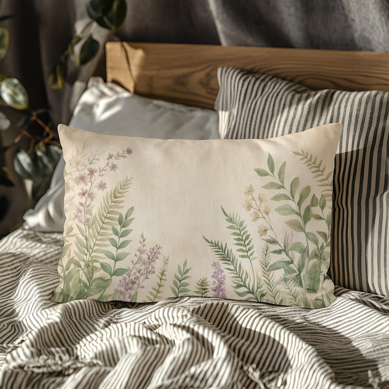 May include: Rectangular decorative pillow with a botanical design. The pillow features a cream-colored background with watercolor illustrations of ferns, lavender, and other greenery in shades of green and purple. The pillow is on a striped bedspread.