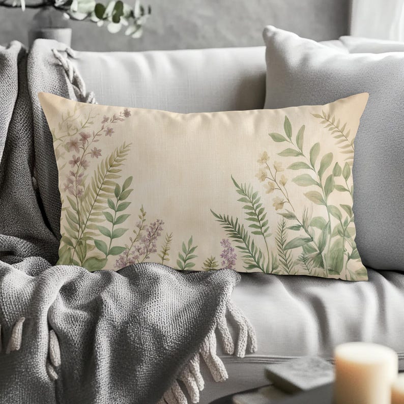 May include: Rectangular decorative pillow with a beige background and a watercolor floral design. The design features green ferns, purple flowers, and white blossoms. The pillow is placed on a gray sofa with a gray blanket.