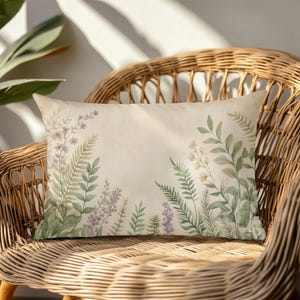 Botanical Lumbar Pillow Cover with Insert | Watercolor Ferns and Lavender 20x14 Pillow | Nature Inspired Decorative Accent Pillow, beige pillows, beige lumbar pillow, lavender pillow cover, lavender decor, cottagecore botanical home decor accent pillow cushion case