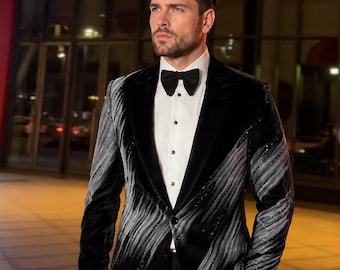 Chaqueta de esmoquin de terciopelo negro / Detalle de pinceladas abstractas plateadas, ropa formal