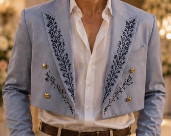 Sky Blue Embroidered Blazer | Navy Floral Detail, Custom Tailored Summer Suit