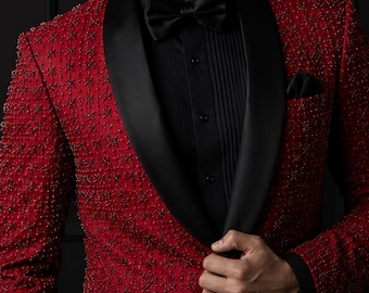 Traje de esmoquin rojo con lentejuelas y cuentas / Blazer de fiesta de lujo con solapa de chal
