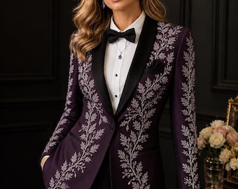 Women's Plum Purple Crystal Embroidered Tuxedo Blazer | Luxury Beaded Formal Suit Jacket | Designer Wedding Party Wear Custom