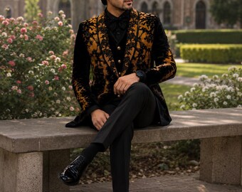 Men's Black Velvet Gold Crystal Tuxedo Blazer | Luxury Rhinestone Prom Suit
