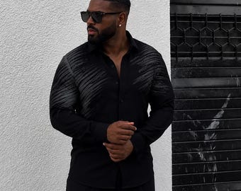 Men's Black Hand Painted Shirt | Acrylic Art Dress Shirt, Slim Fit Party Wear