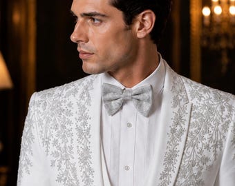 Witzilveren geborduurde smoking voor heren | Luxe kristallen outfit bruiloft bruidegom | Designer 3-delige formele feestkleding voor schoolfeesten