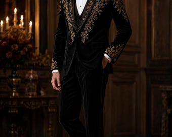 Black Velvet Tuxedo Suit Set | Golden Embroidered Groom Wedding Outfit (3 Piece)
