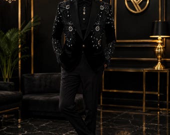 Men's Black Crystal Sunburst Tuxedo | Luxury Silver Mandala Wedding Groom Blazer | Designer Prom Stage Wear Custom Tailored