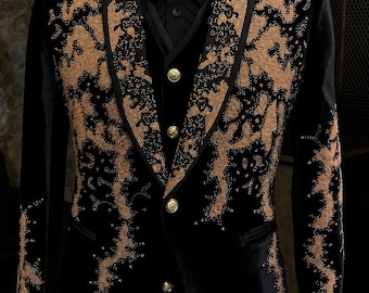 Blazer de esmoquin para hombre de terciopelo negro con cristales dorados / Traje de fiesta de lujo con pedrería
