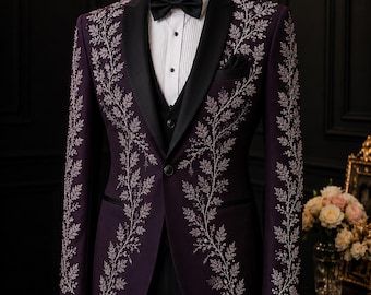 Women's Plum Purple Crystal Embroidered Tuxedo Blazer | Luxury Beaded Formal Suit Jacket | Designer Wedding Party Wear Custom
