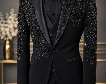 Traje de esmoquin negro bordado / Traje de novio para boda con camisa y pajarita