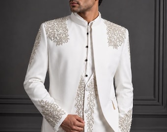 Wit geborduurd smokingpak voor mannen, trouwpak met kristallen strass, jas sherwani-stijl bruidegom, 4-delig pak, blazer met mandarijnkraag