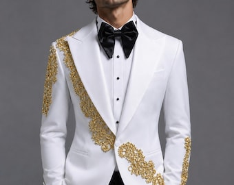 Men's Tuxedo Suit, White Embroidered Design with Gold Accents
