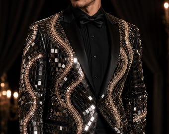 Chaqueta de esmoquin para hombre con bordado de espejos / Blazer formal con bordado de ondas en oro y plata.