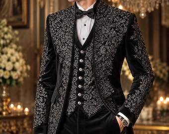 Traje de abrigo largo bordado de terciopelo negro / Esmoquin Sherwani de lujo para novio de boda