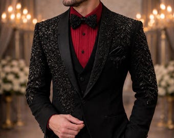 Traje de esmoquin negro para hombre con cuentas / Traje de novio bordado con cristales para boda