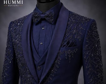 Navy Blue Crystal Embroidered Tuxedo Suit | Men's Wedding Groom Prom Formal Wear