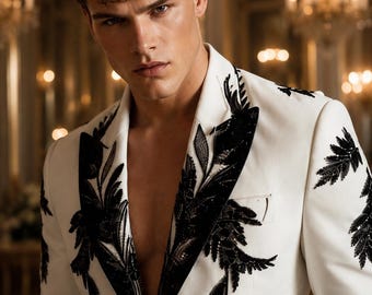 Traje de esmoquin blanco para hombre / Bordado botánico negro, solapa de pico, corte ajustado.