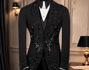 Black Beaded Sequin Tuxedo Suit | Floral Crystal Wedding Groom 3 Piece Designer Prom Wear