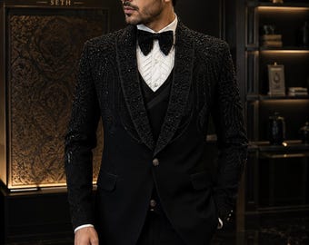 Zwart herenkostuum met kralen | Luxe zwart op bloemen geborduurde 3-delige set