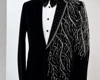 Men's Black Velvet Crystal Embroidered Tuxedo | Luxury Asymmetric Beaded Wedding Groom Blazer | Designer Prom Custom Tailored