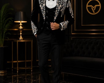 Men's Black Velvet Floral Tuxedo | Luxury Pink White Embroidered Wedding Groom 3 Piece | Designer Prom Formal Wear Custom Tailored