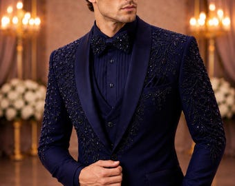 Navy Blue Crystal Embroidered Tuxedo Suit | Men's Wedding Groom Prom Formal Wear
