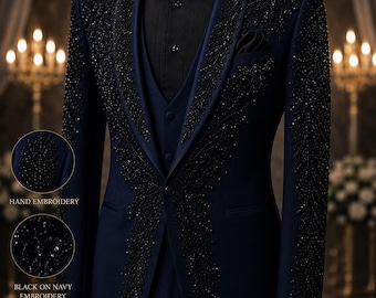 Men's Hand Embroidered Beaded Tuxedo Suit | Luxury 3 Piece Wedding Groom Prom Wear