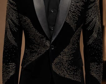 Esmoquin negro plateado con cuentas de mercurio / Traje de novio de lujo con cristales diagonales