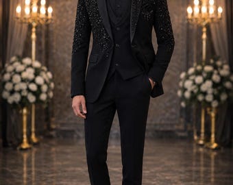 Black Embroidered Tuxedo Suit Set with Shirt & Bow Tie, Groom Wedding Formal Outfit