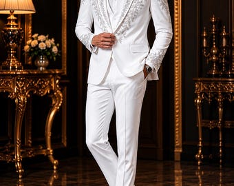 Traje de esmoquin blanco plateado bordado para hombre / Traje de novio de lujo con cristales para bodas / Traje de fiesta formal de diseñador de 3 piezas