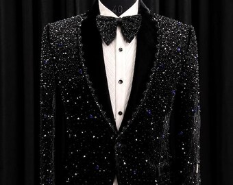 Men’s Black Beaded Tuxedo Jacket, Luxury Crystal Dinner Jacket, Embellished Wedding Groom Blazer, Black Tie Statement Jacket
