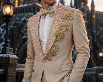 Men's Champagne Pink Beaded Tuxedo | Luxury Gold Floral Applique Wedding Groom Blazer | Designer Prom Party Wear Custom Tailored