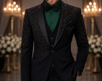 Traje de esmoquin negro bordado con cristales / Traje formal de 3 piezas para boda, novio o fiesta de graduación