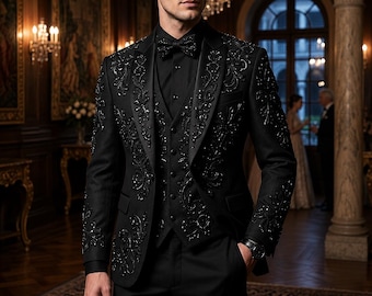 Black Beaded Floral Tuxedo Suit | Crystal Wedding Groom 3 Piece Set
