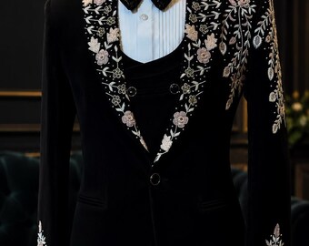 Esmoquin de terciopelo negro con estampado floral para hombre / Traje de novio de lujo de 3 piezas con bordado rosa y blanco para boda / Traje formal de diseñador para graduación, hecho a medida
