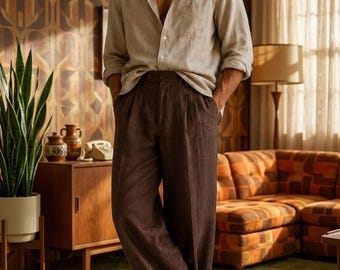 Mens Linen Shirt & Wide Leg Pants Set, Old Money Outfit Men, Casual Summer Co Ord Set, Relaxed Fit Linen Two Piece Set, Resort Vacation Wear