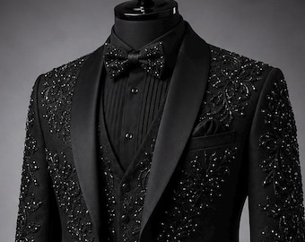 Black Beaded Floral Tuxedo Suit | Crystal Wedding Groom 3 Piece Set