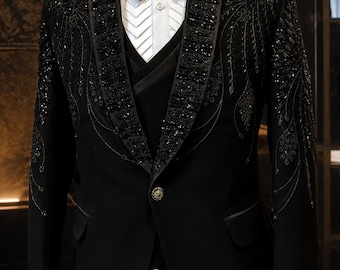 Traje de esmoquin negro para hombre con cuentas / Conjunto de lujo de 3 piezas en negro con bordado floral.