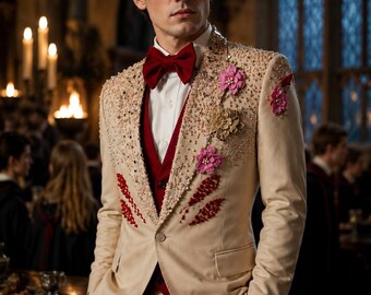 Luxury Beige Floral Embroidered Tuxedo Suit for Men | Handmade Wedding Blazer | Groom Reception Prom Dinner Jacket | Custom Formal Suit