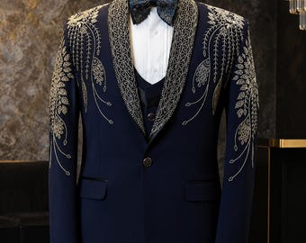Esmoquin azul marino plateado con cuentas de mercurio / Traje formal de 3 piezas con bordado zardozi