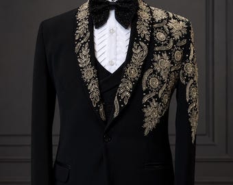 Conjunto de esmoquin de terciopelo negro / Traje de novio para boda con bordado dorado (3 piezas)
