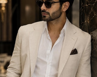Men's Linen Suit | Luxury 2 Piece Blazer & Trouser Set | Wedding Guest Beach Formal Wear | Summer Suit Custom Tailored