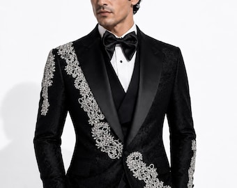 Luxury Men’s Beaded Tuxedo Jacket, Black Embroidered Blazer, Wedding Groom Suit, Prom Dinner Jacket, Black Silver Black Emerald