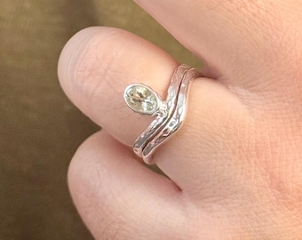 Green Beryl Curved Molten Sterling Silver Ring – Minimalist Engagement, Wedding Band