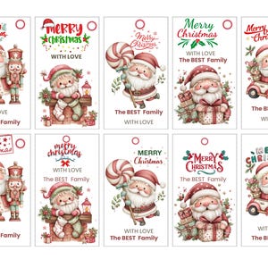 May include: A collection of Christmas gift tags featuring Santa Claus illustrations. Each tag has the words "Merry Christmas" and "With Love" along with "The BEST Family". The tags have a hole at the top for attaching to gifts.