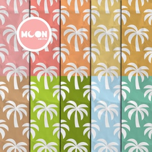 May include: A collection of colorful, textured backgrounds featuring a repeating white palm tree pattern. The backgrounds include shades of pink, orange, yellow, green, and blue. A circular logo with the text "MOON" and "HOCTEM" is in the center.