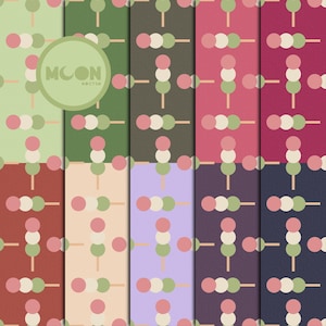 Może przedstawiać: Kolekcja bezszwowych wzorów z powtarzającym się wzorem trójkolorowych okrągłych kształtów na patyku. Wzory są w różnych kolorach, w tym zielonym, różowym i brązowym. Obraz zawiera również okrągłe logo z tekstem "MOON" i "HACTEH".