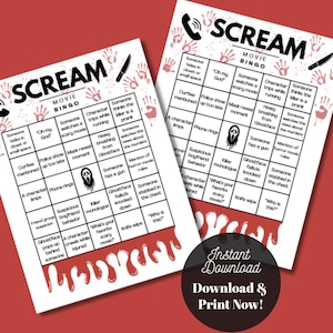 May include: Two "Scream" movie bingo cards on a red background. Each card has a black and white design with the word "Scream" at the top. The cards have bingo squares with phrases like "Knife wipe" and "Who is this?"